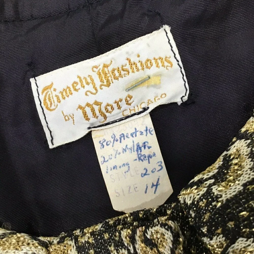Vtg Dressing Gown Timely Fashions Womens Sz 14 Kimono Robe Gold Black 3/4 Sleeve